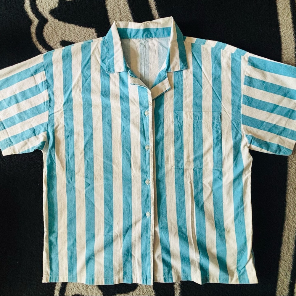 Blue and White Striped Short Sleeve Shirt